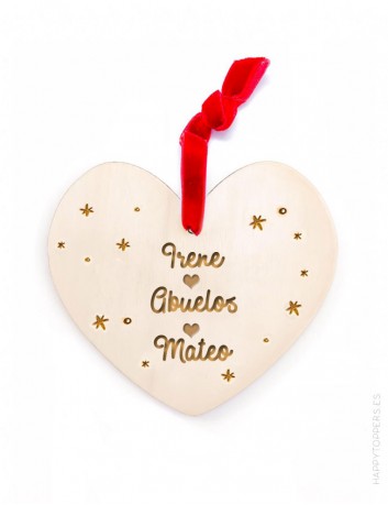 adorno de navidad personalizado con frases, dedicatorias, nombres..., en forma de corazón. Cinta de terciopelo roja