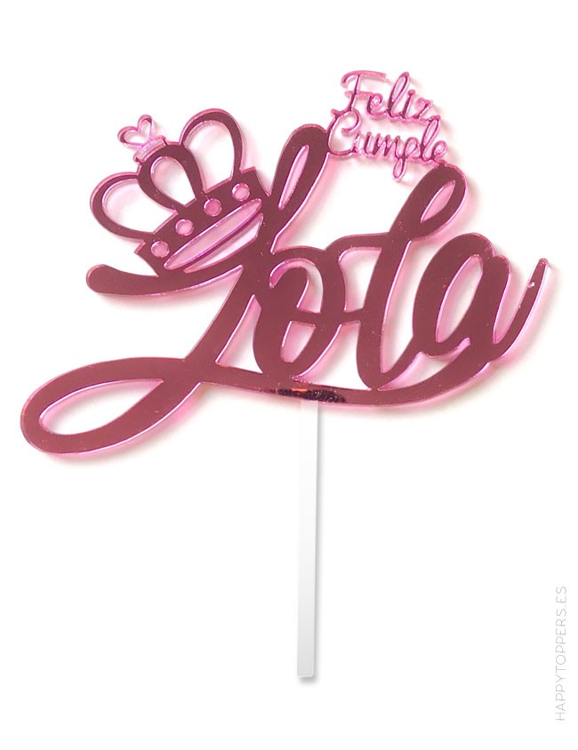 cake topper nombre, corona, feliz cumpleaños en color rosa espejo