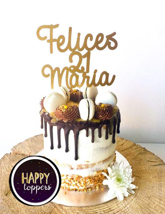 cake topper para adornar la tarta de cumpleaños personalizado con el nombre y los años, oro mate