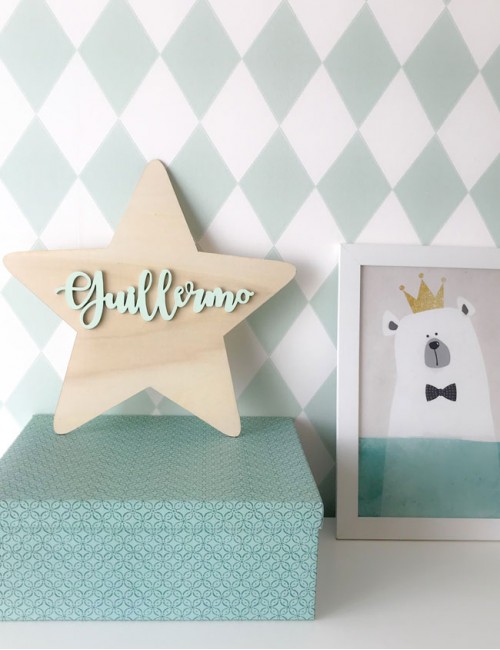 estrella en madera con nombre del niño, decora la habitación del peque estilo nórdico para niños