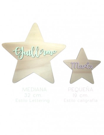 estrellas decorativas tamaño pequeno en madera natural con el nombre pintado en el color que elijas.